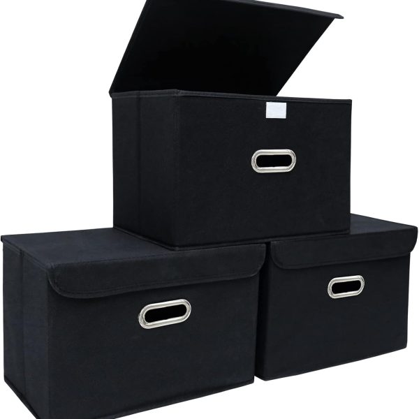 3 Pack Foldable Fabric Storage Cubes with Lids and Metal Handles for Closet, Bedroom and Home Organization
