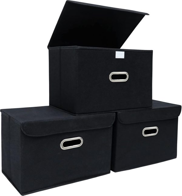 3 Pack Foldable Fabric Storage Cubes with Lids and Metal Handles for Closet, Bedroom and Home Organization