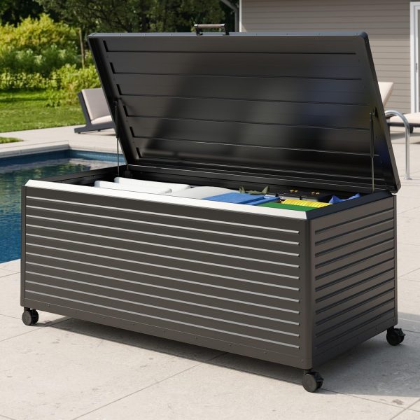281 Gallon Metal Outdoor Deck Box with Wheels and Soft Close Lid, Waterproof Storage Chest for Patio Cushions, Garden Equipment and Pool Accessories