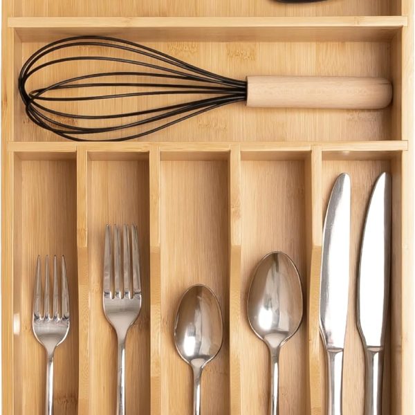 7 Compartment Bamboo Cutlery Organizer with Non Slip Feet for Kitchen Drawer Storage