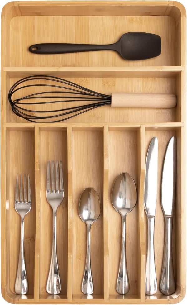 7 Compartment Bamboo Cutlery Organizer with Non Slip Feet for Kitchen Drawer Storage