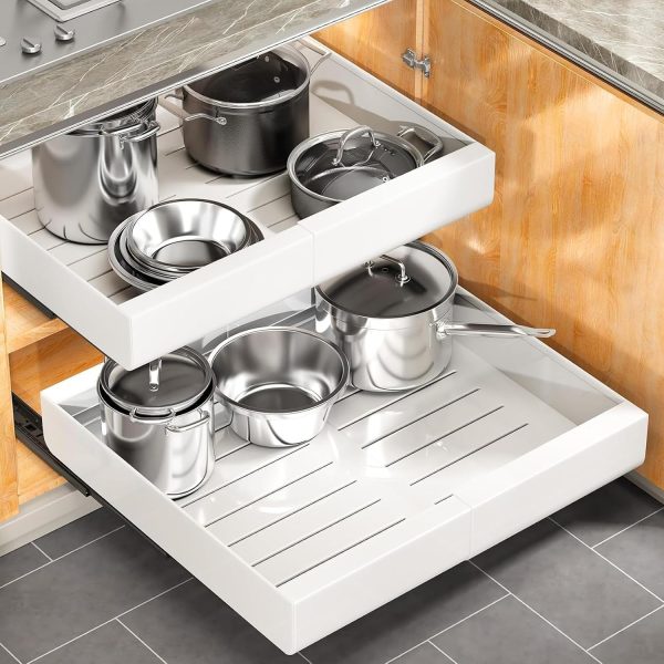 2 Pack Expandable Pull Out Cabinet Organizers, Heavy Duty Slide Out Drawers with Adhesive Installation for Kitchen Cabinets and Base Shelves