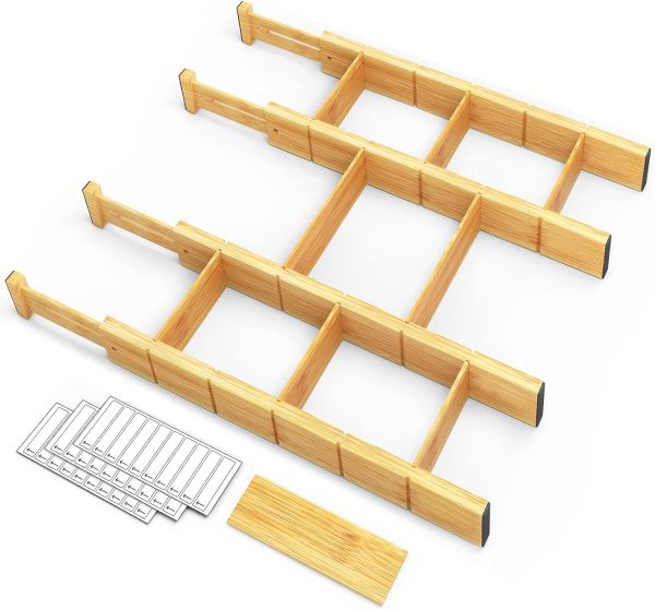 Expandable Bamboo Drawer Dividers with Labels & Inserts, Adjustable Organizer Set for Kitchen, Office and Bedroom Drawers