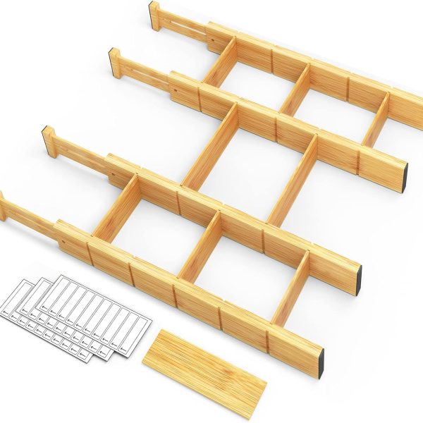 Expandable Bamboo Drawer Dividers with Labels & Inserts, Adjustable Organizer Set for Kitchen, Office and Bedroom Drawers