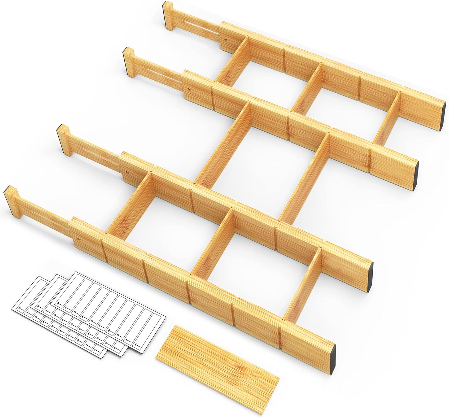 Expandable Bamboo Drawer Dividers with Labels & Inserts, Adjustable Organizer Set for Kitchen, Office and Bedroom Drawers