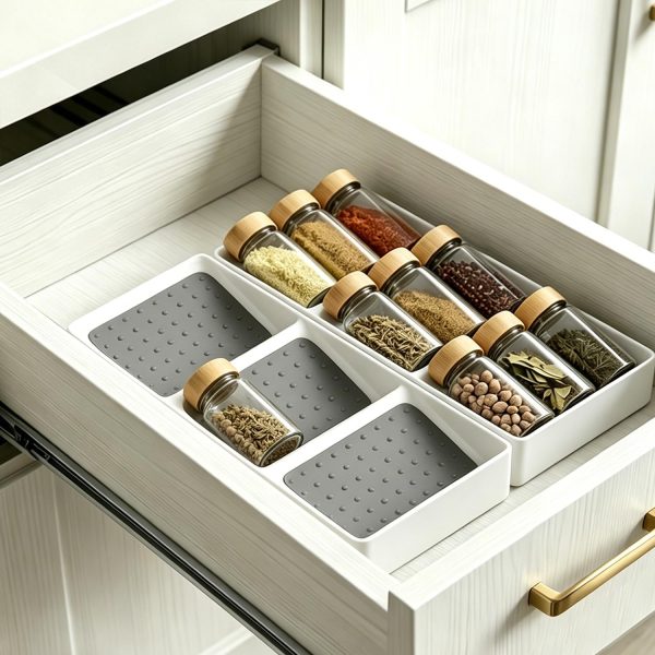 2 Pack Kitchen Drawer Organizers with Non Slip Silicone Mats, Adjustable Storage Trays for Kitchen, Bathroom, Bedroom and Spice Cabinet