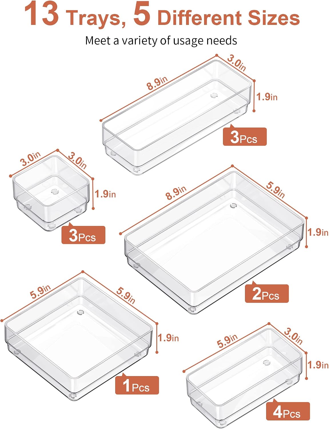 13 Piece Clear Drawer Organizer Set, Multi Size Storage Trays with Non Slip Silicone Pads for Makeup, Jewelry, Kitchen & Office Image 2