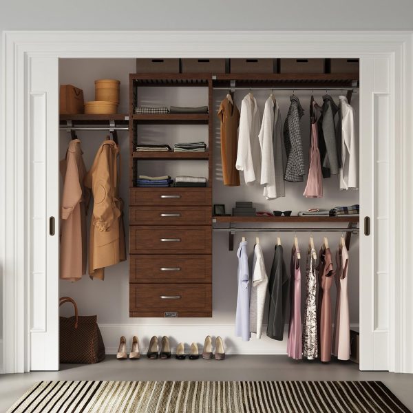 Solid Wood Walk In Closet Organizer with 5 Storage Drawers, Chestnut Finish Wardrobe Storage System