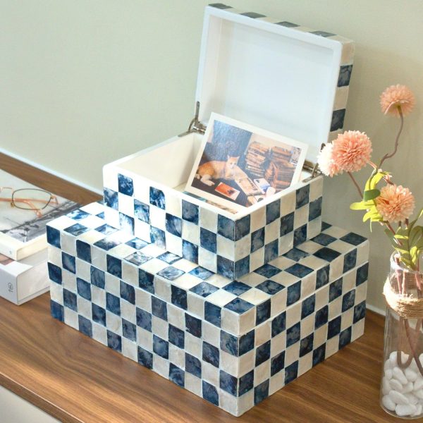 Set of 2 Handmade Decorative Capiz Keepsake Boxes, Navy Blue Fluted Storage Trunks for Photos, Jewelry, Memory Items and Bedroom Deco