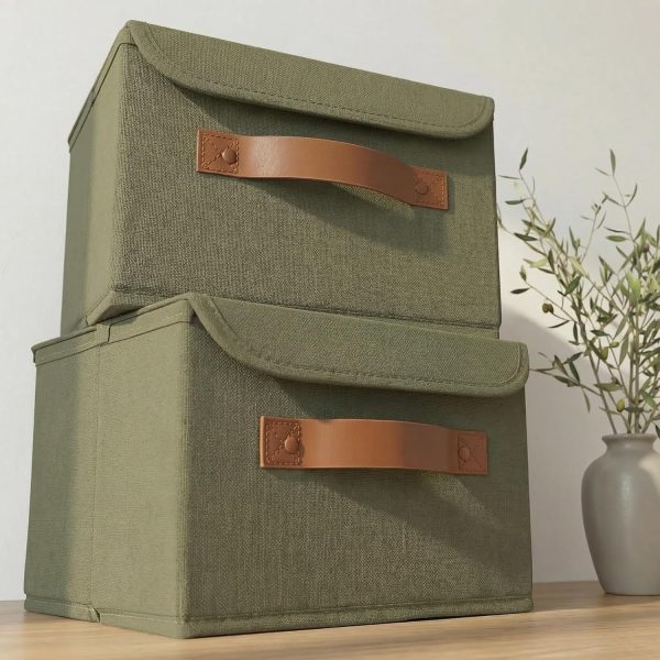 Decorative Linen Storage Boxes with Lids, Set of 2 for Photos, Documents and Keepsake Organization