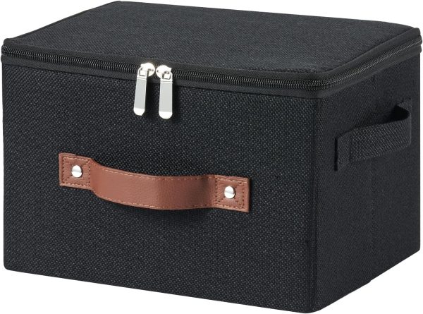 Small Fabric Storage Bins with Zipper Lids and Leather Handles for Closet Shelves and Clothing Storage