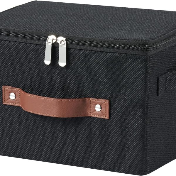 Small Fabric Storage Bins with Zipper Lids and Leather Handles for Closet Shelves and Clothing Storage