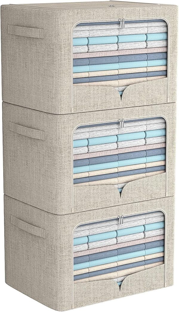 3 Pack Foldable Linen Clothes Storage Bins with Metal Frame, Clear Window and Carry Handles