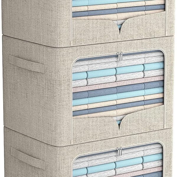 3 Pack Foldable Linen Clothes Storage Bins with Metal Frame, Clear Window and Carry Handles