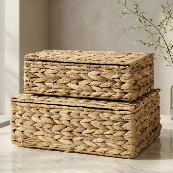 Set of 2 Decorative Wicker Storage Boxes with Lids, Rattan Style Organizer Bins for Photos, Documents, Keepsakes and Shelf Decor