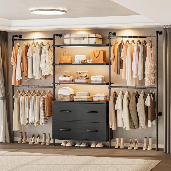 Industrial Closet Organizer with Dimmable LED Lights, Pipe Clothing Rack Featuring 4 Drawers, 6 Shelves and 4 Adjustable Hanging Rods