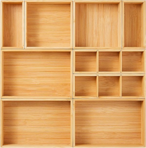 9 Piece Bamboo Drawer Storage Box Set for Kitchen Utensils, Makeup, Office Supplies and Bathroom Essentials