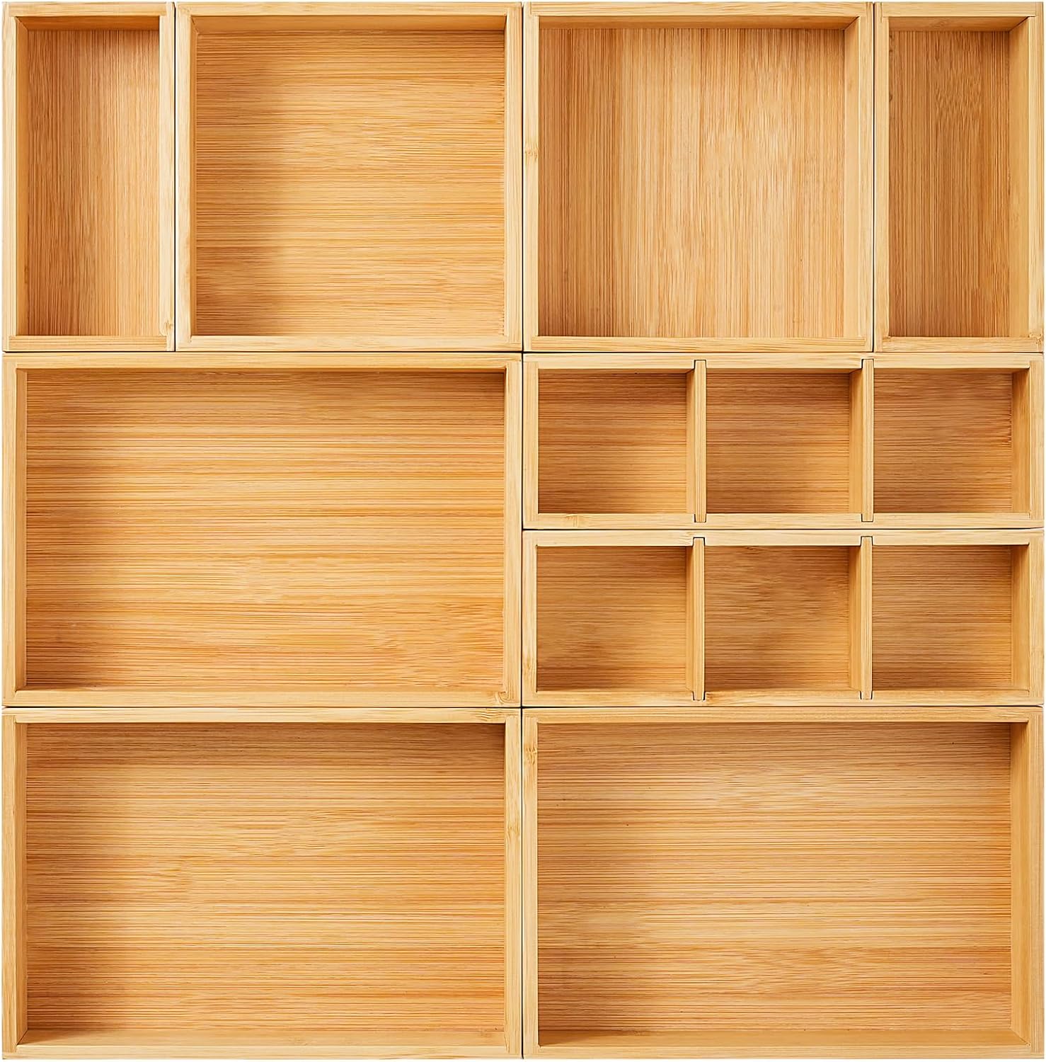 9 Piece Bamboo Drawer Storage Box Set for Kitchen Utensils, Makeup, Office Supplies and Bathroom Essentials