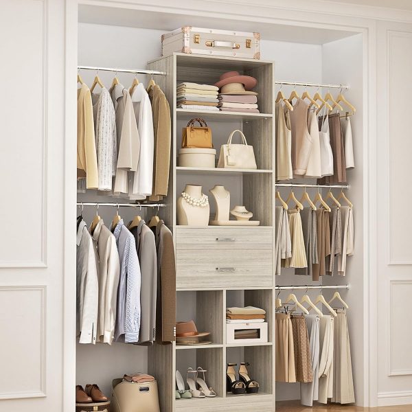 Compact Closet Organizer System, Adjustable Walk In Closet Kit with 2 Wooden Drawers, 5 Hanging Rods and Built In Storage