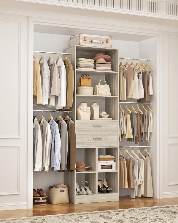 Compact Closet Organizer System, Adjustable Walk In Closet Kit with 2 Wooden Drawers, 5 Hanging Rods and Built In Storage