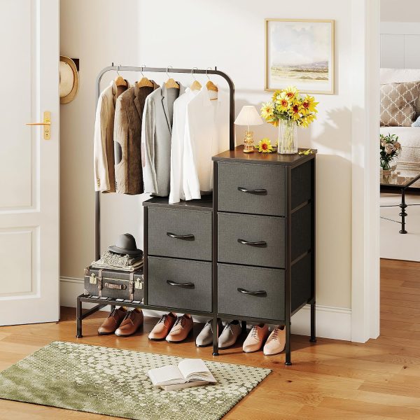 5 Drawer Fabric Dresser with Clothes Hanging Rack, Storage Chest for Bedroom, Closet, Apartment and Entryway