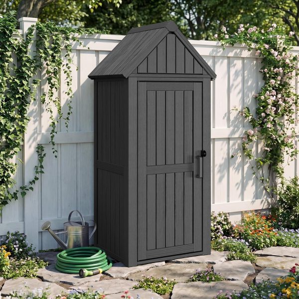 Outdoor Vertical Storage Cabinet with Waterproof Resin Construction, Lockable Storage Shed with Removable Shelves and Hooks for Garden, Pool and Patio